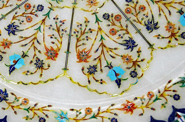 Close-up of a very intricate dinner plate, made with over 12,000 pieces.