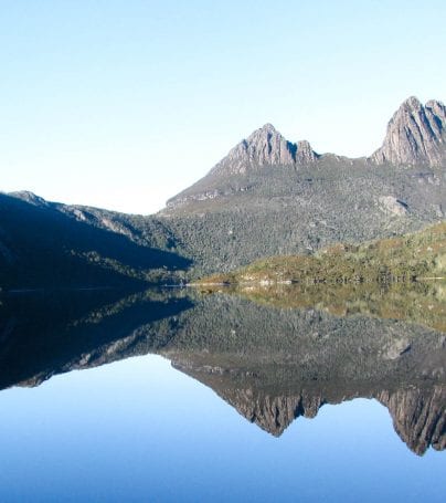 Cradle Mountain reflecting in Australia lake