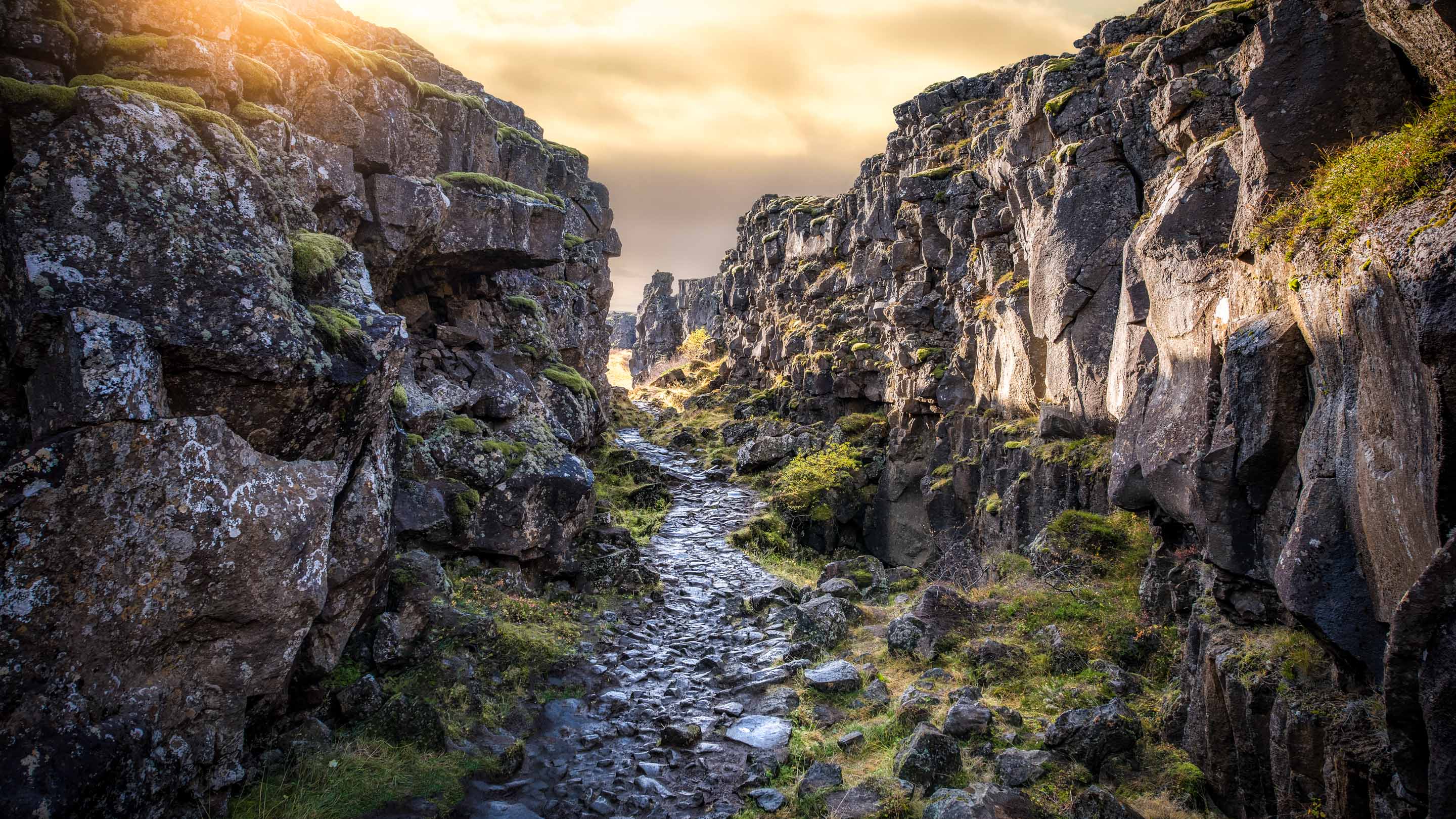 Stone path between cliffs of Thingvellir National Park, Iceland