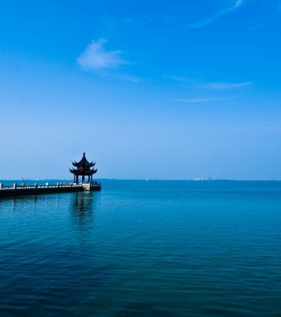 Small shrine at the end of dock in Suzhou, China