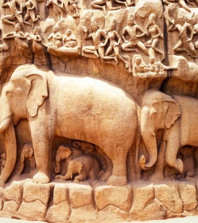 Carving of elephants on India temple