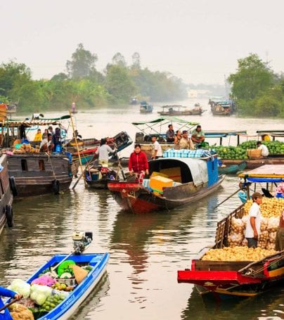 Boats of the floating market on the Mekong River