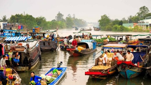 Boats of the floating market on the Mekong River