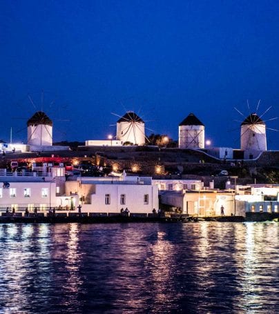 Shoreline of Mykonos, Greece at night