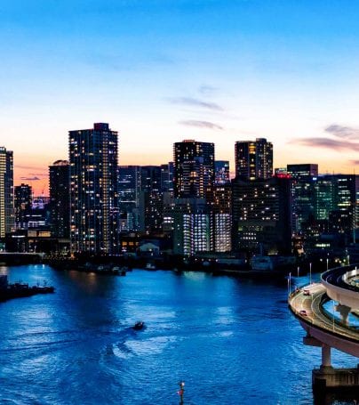 Rainbow Bridge and skyline of Tokyo, Japan