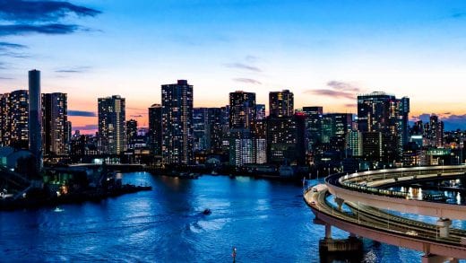 Rainbow Bridge and skyline of Tokyo, Japan