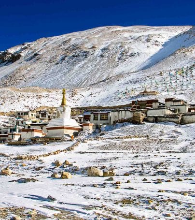 Rongbuk Monastery in the snowy hills of Tibet