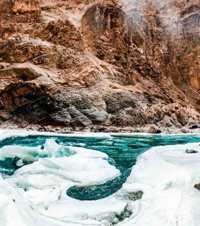 Ice and cliffs of Zanskar Trek in Leh, India