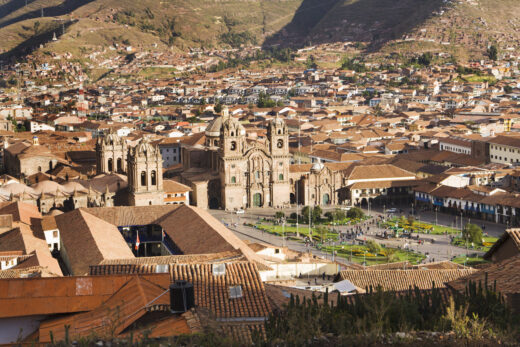 A view of Plaza de Armas, the town center of the city of Cuzco, Peru.