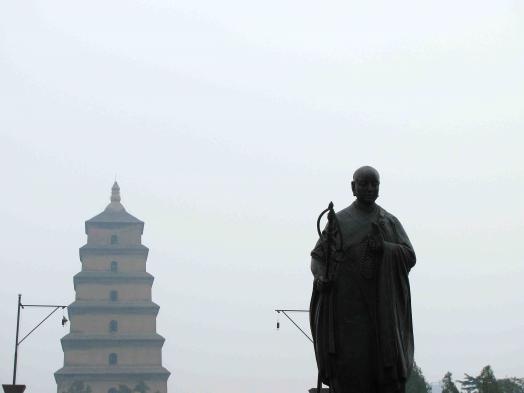 Statue of Xuanzang in the foregound of the Wild Goose Pagoda