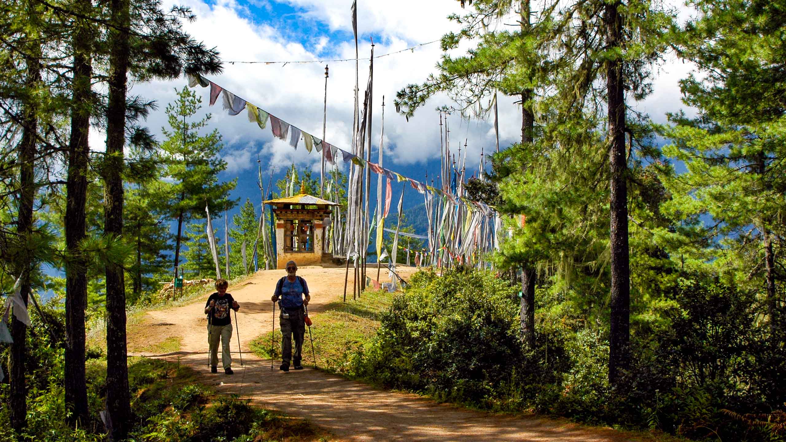 Hikers in Bhutan forest walk beneath colorful flags