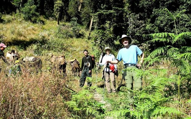 Group of travelers hike in Bhutan