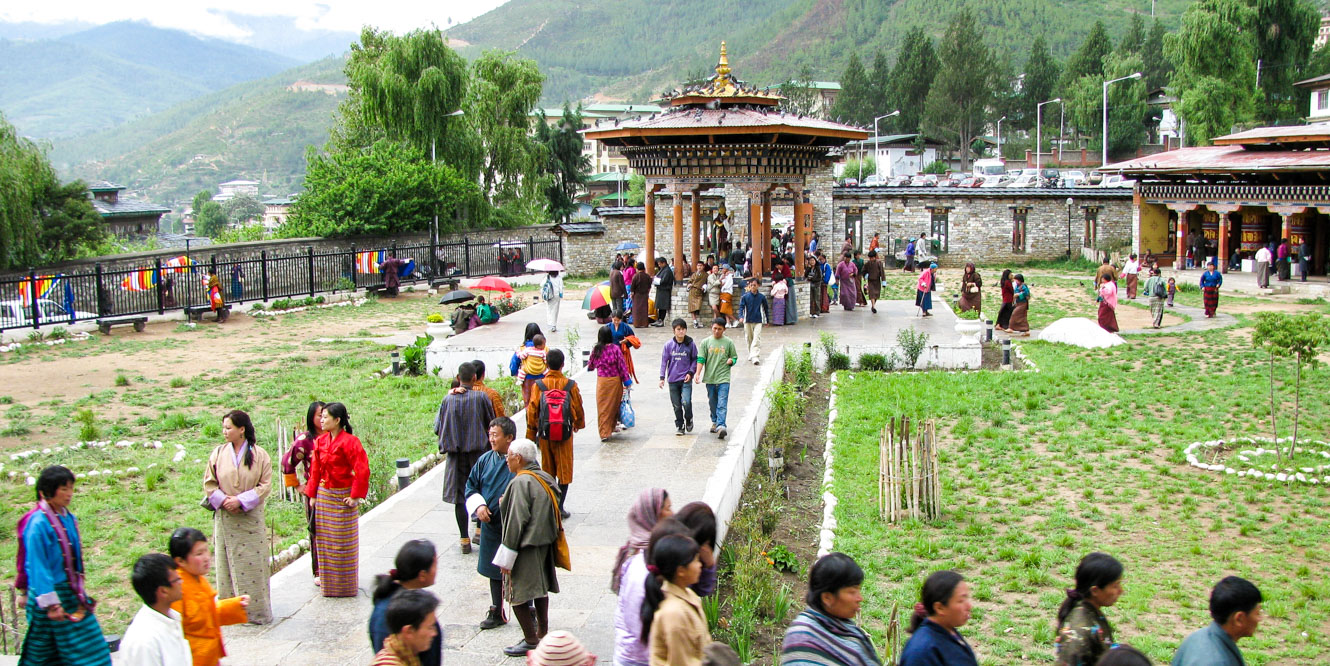 People visiting a temple in Bhutan