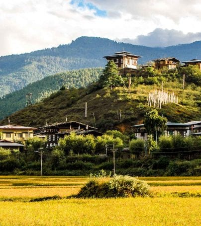 Town resting on hill in Bhutan