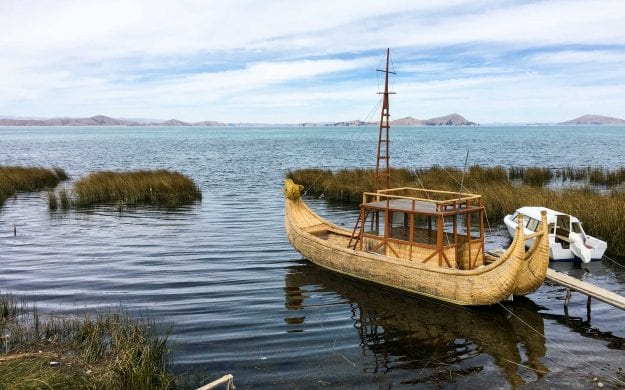 Boat sits on lake in Bolivia