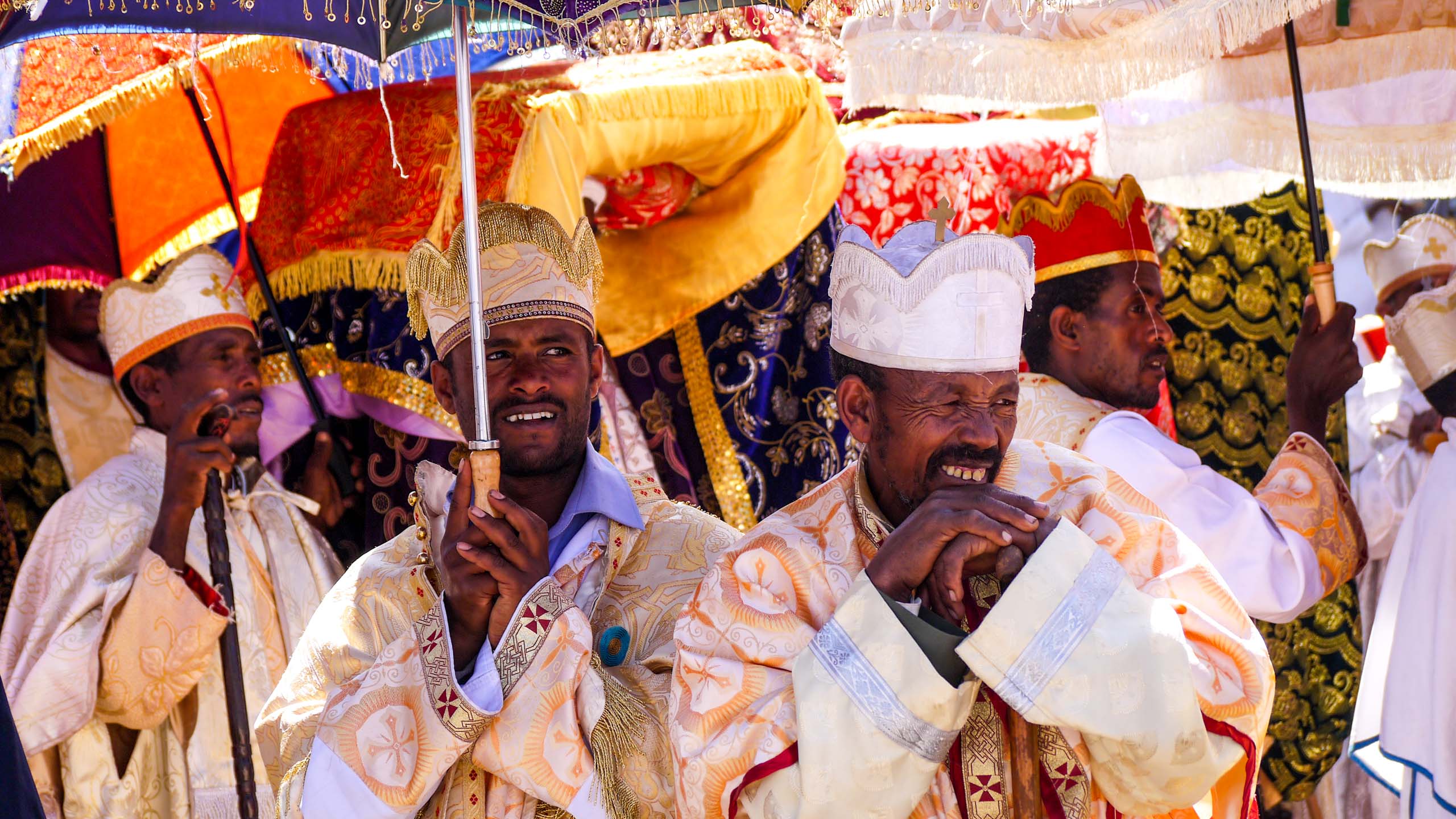 Group of Ethiopian men in festival robes