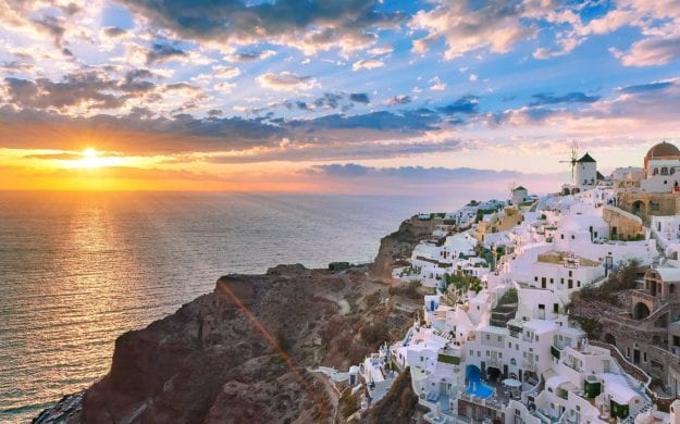 Oia or Ia at sunset, Santorini, Greece