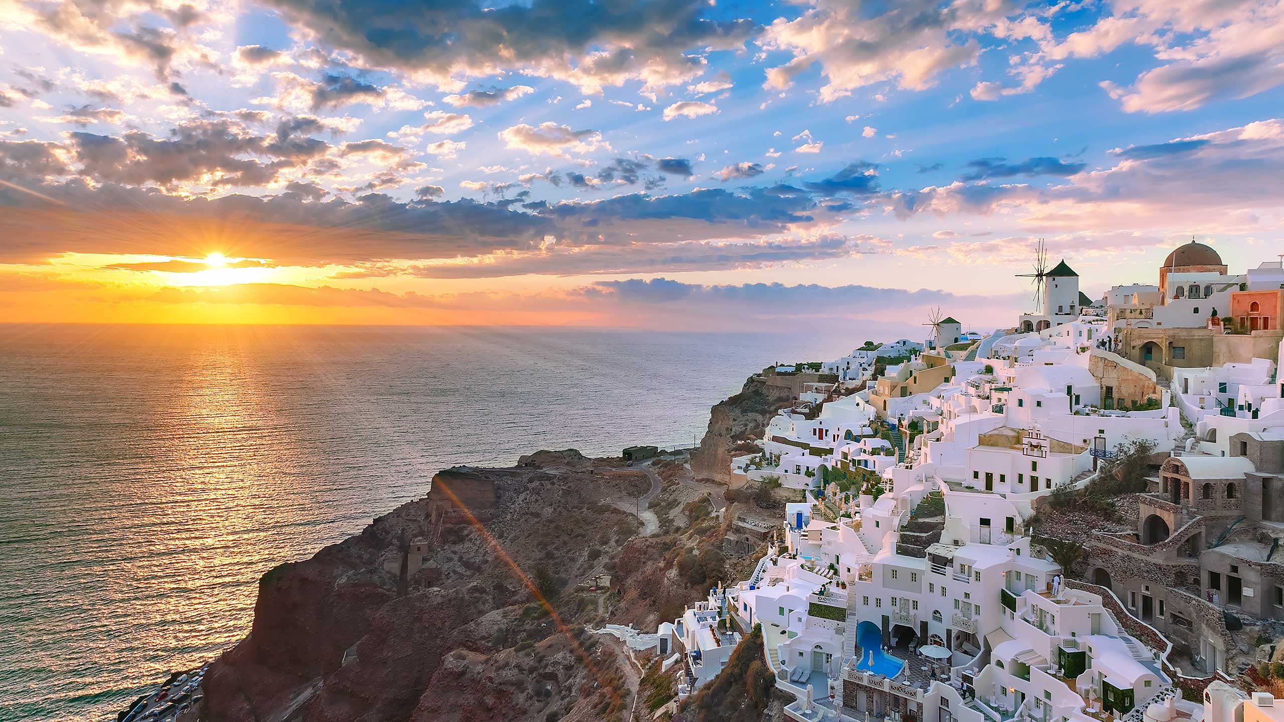 Oia or Ia at sunset, Santorini, Greece