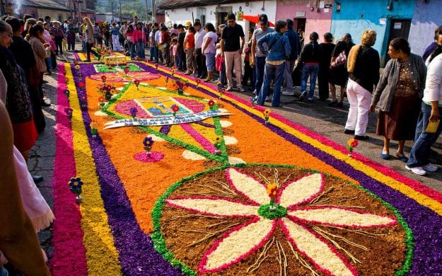 Flower petals in designs on Guatemala street