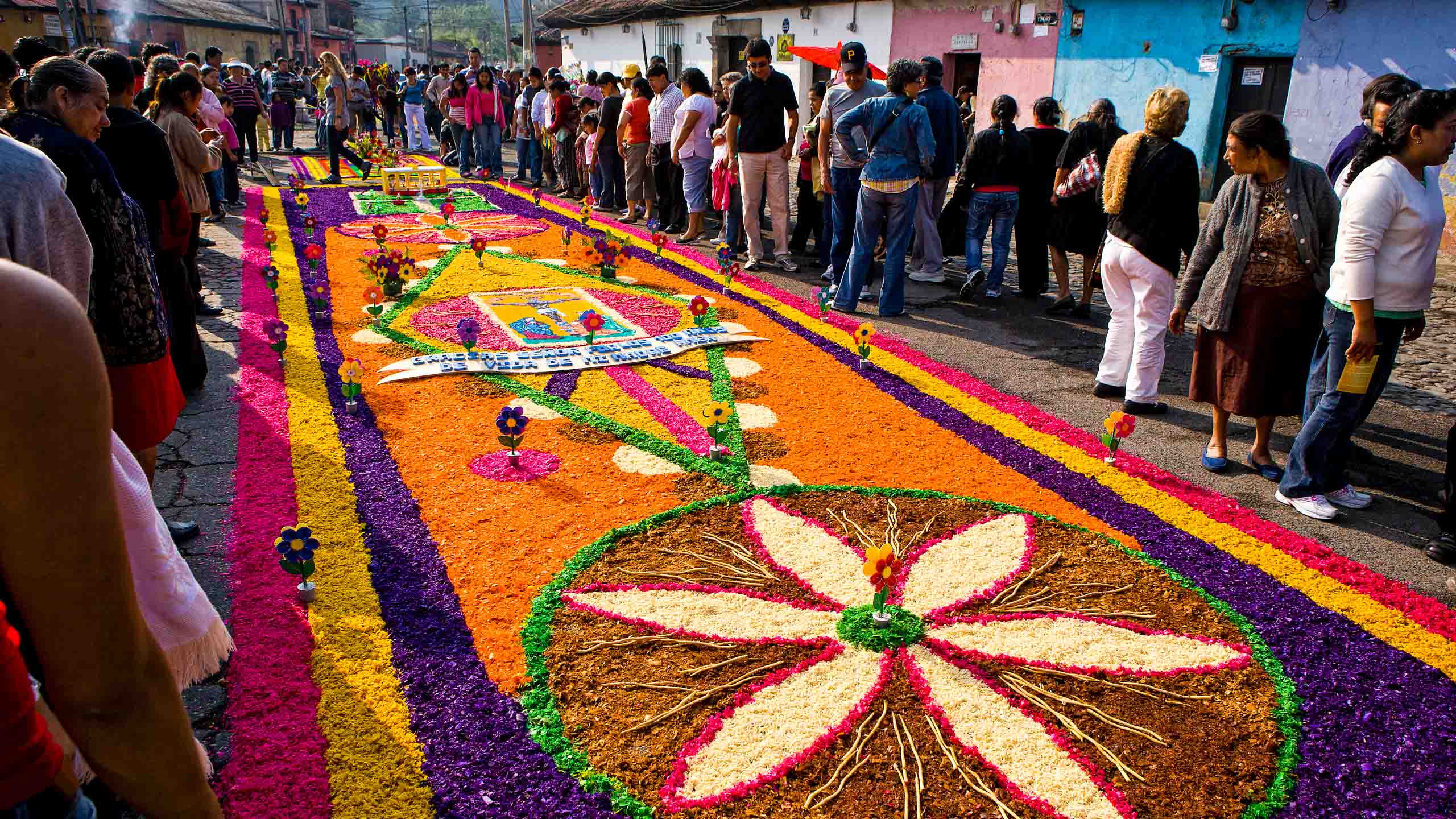 Flower petals in designs on Guatemala street