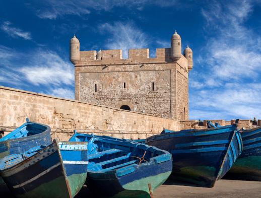 Blue boats in harbour of Essaouira in Morocco