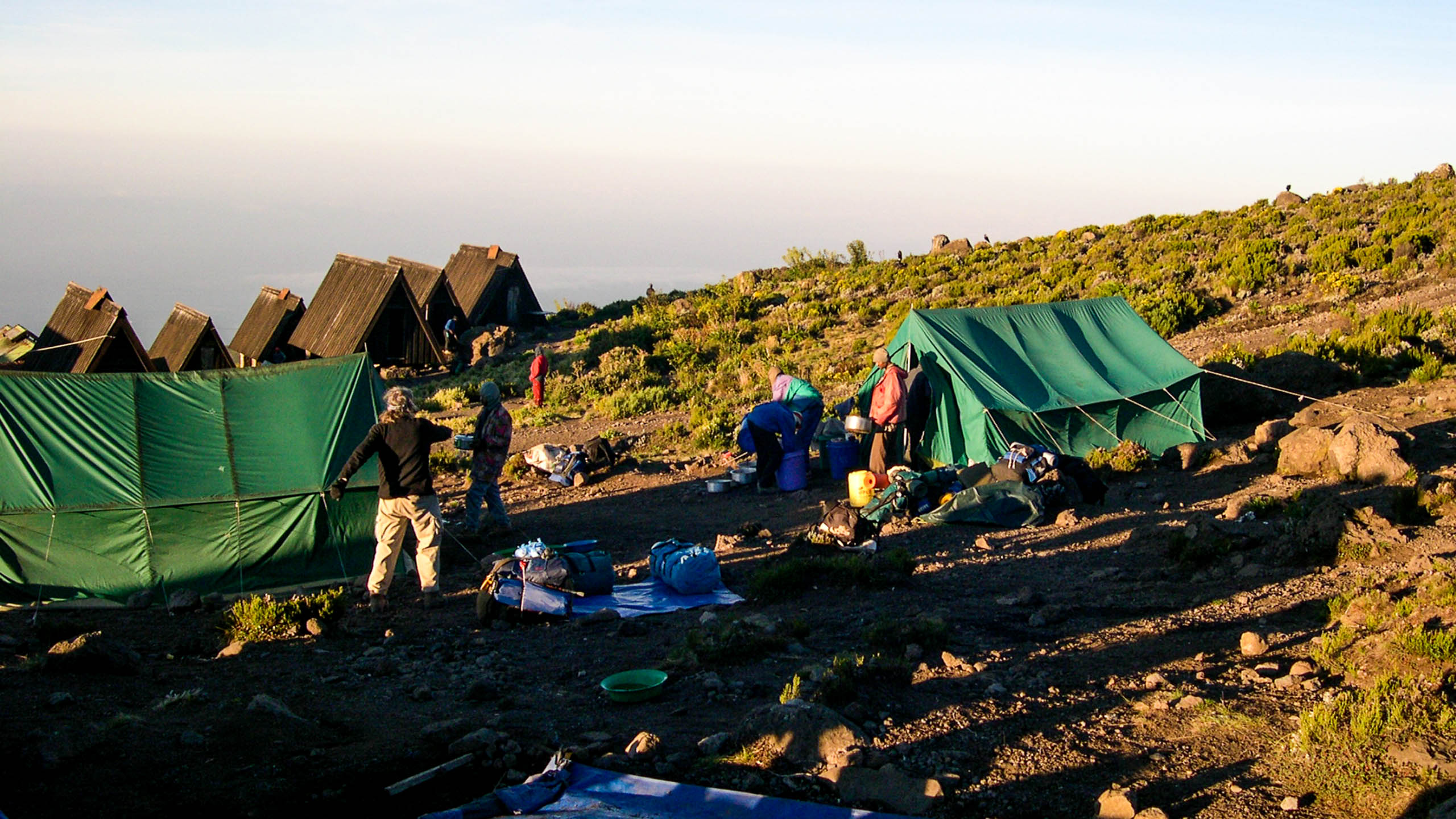 Travelers make camp on Mt Kilimanjaro hike