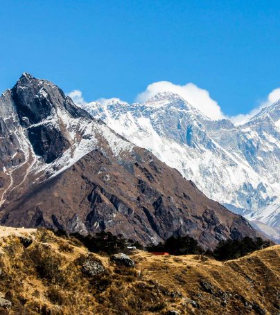 Hikers on trail in Nepal mountains