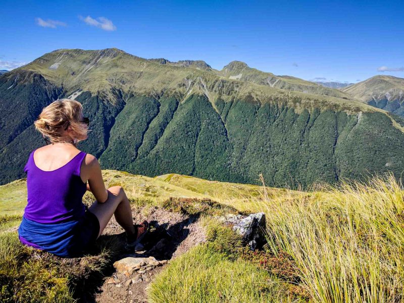 Woman looks over New Zealand landscape