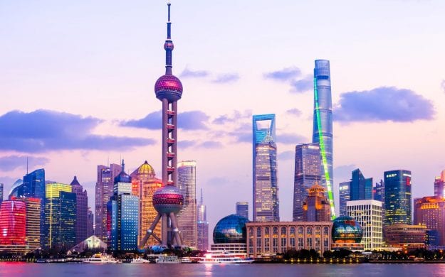 Skyline of Shanghai, China in evening light