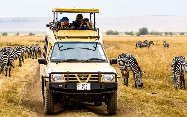 Tanzania travelers watch zebras from safari vehicle