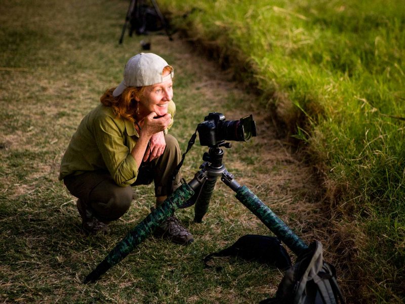 Woman sits behind tripod camera