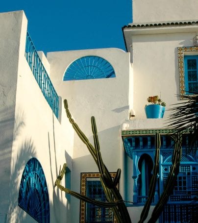 Blue and white exterior of Tunisia home