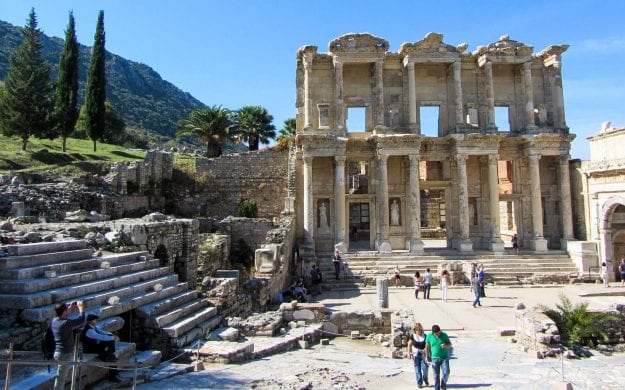 Travelers explore Turkey ruins