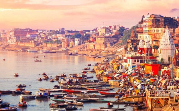 Sunset over the coast of Varanasi, India