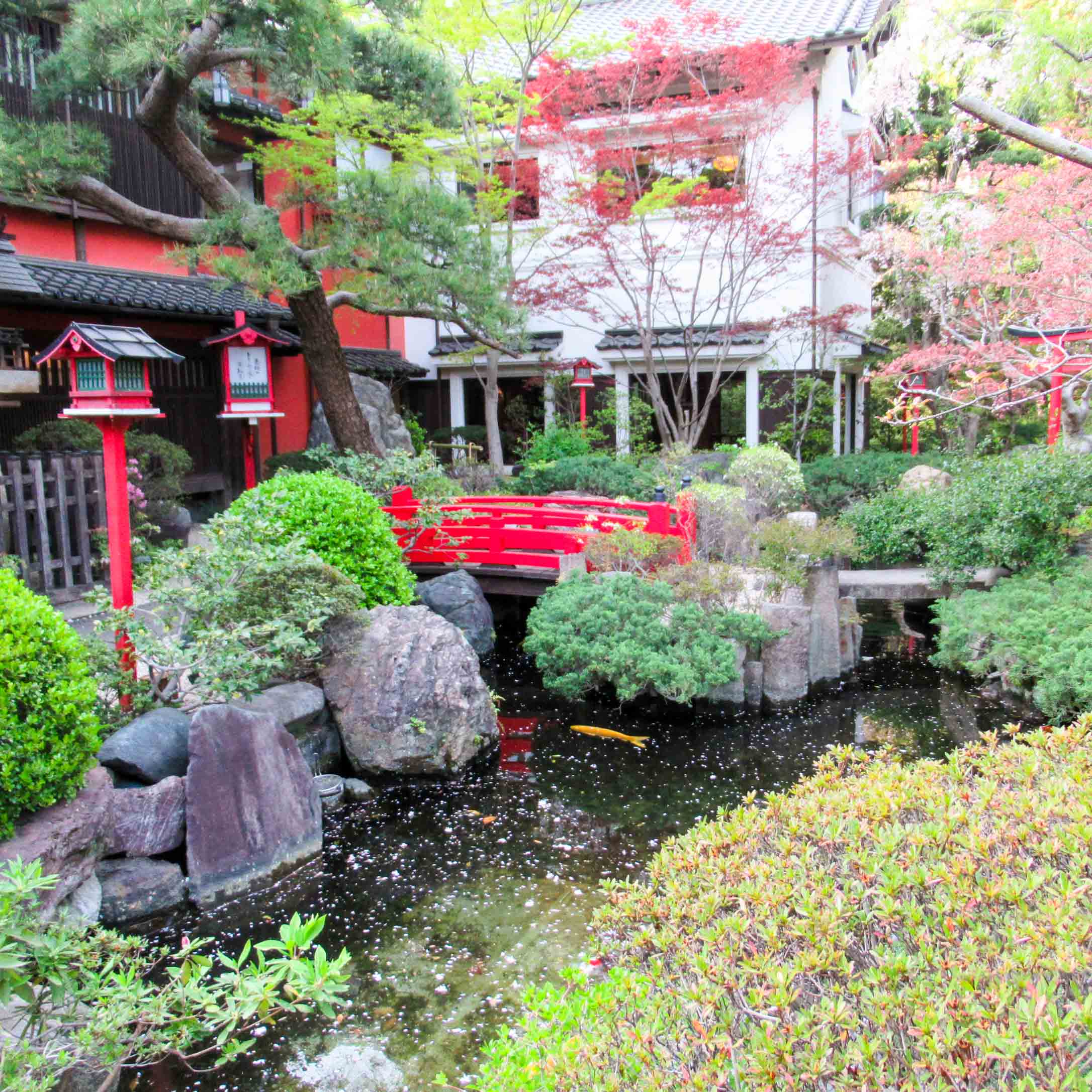 Stream with koi runs through garden in Japan