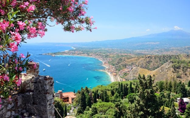 pink flowers and view of mt etna