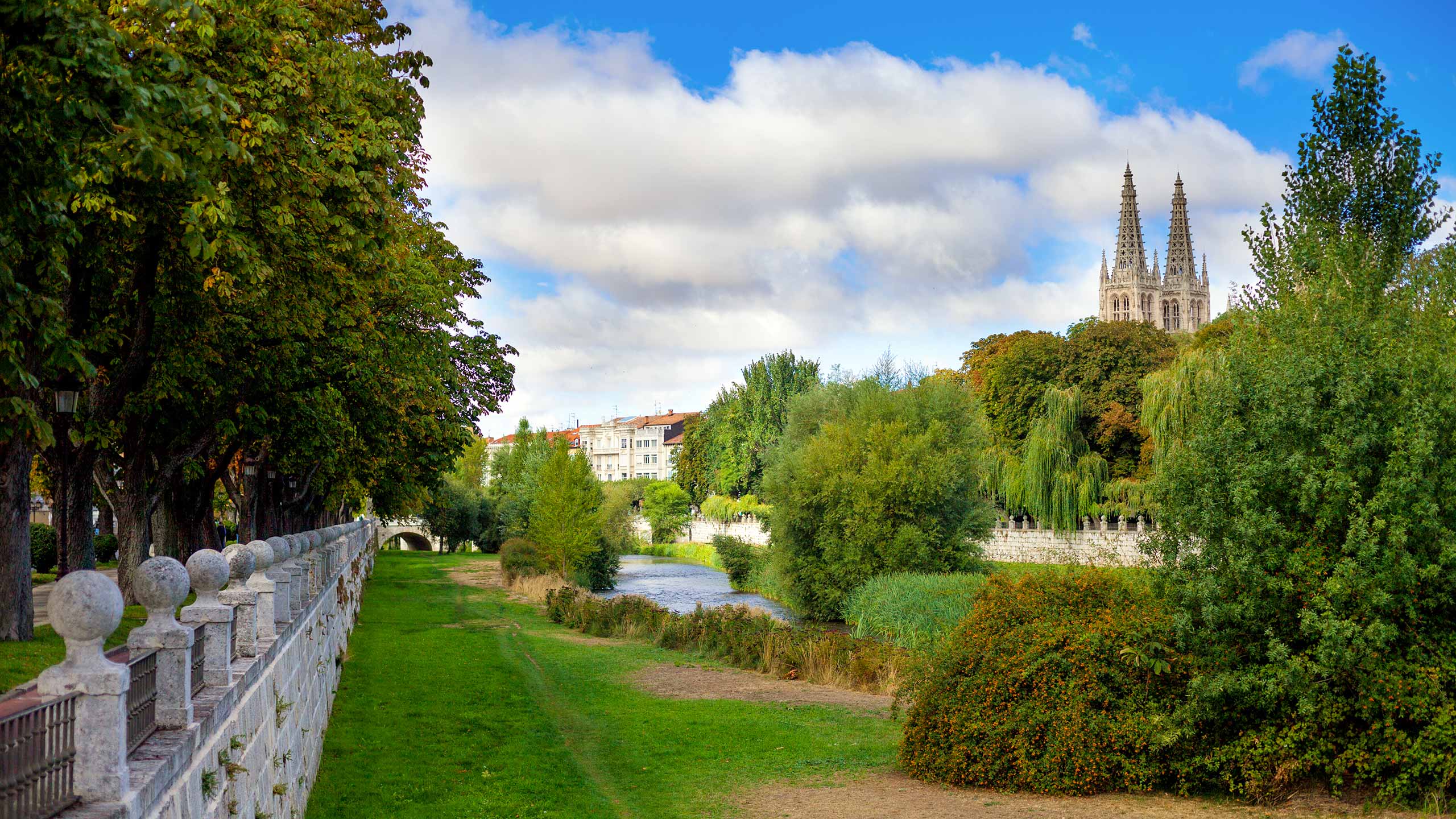 Cathedral in Burgos, Spain, river Arlanzon on foreground