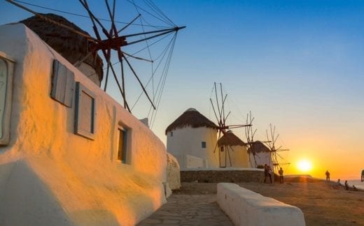 Mykonos windmills at sunset, Greece