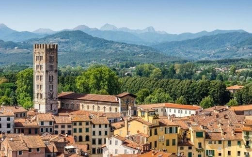 Aerial view of Lucca with San Frediano Basilica, Tuscany. Italy