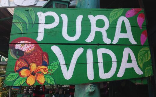 green sign with white letters reading "pura vida"