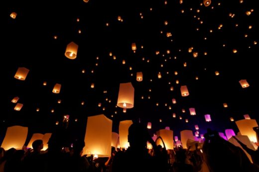 Lanterns floating up to night sky