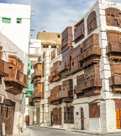 Al-Balad old town with traditional muslim houses with wooden windows and balconies, Jeddah, Saudi Arabia
