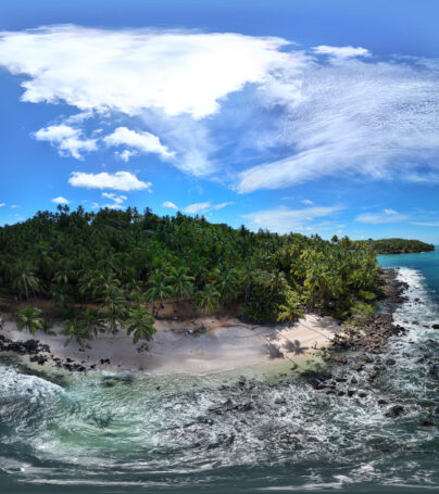 360 aerial photo taken with drone of Plage de l'île Saint-Joseph, St Joseph Island Beach, in the Salvation Islands, Kourou, French Guiana, France
