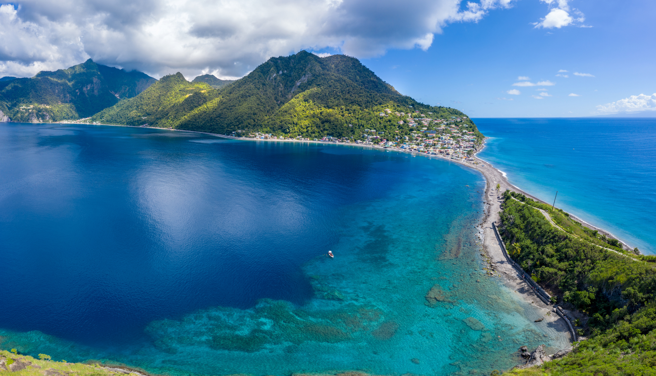 Scotts Head village, Dominica. On left side is Caribbean Sea, on right side - Atlantic Ocean.